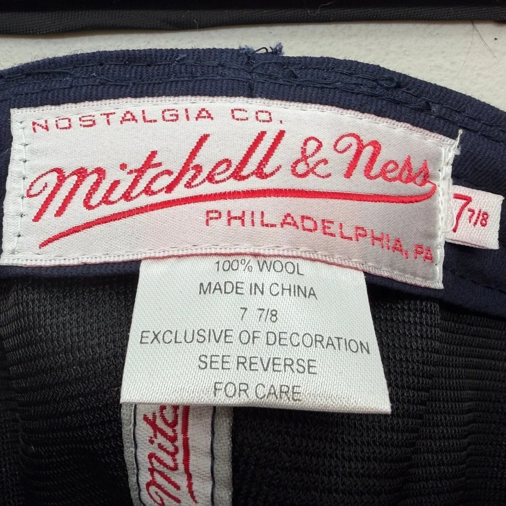 Mitchell & Ness 7 7/8 Navy Blue Script Logo Fitted Hat 100% Wool 2029